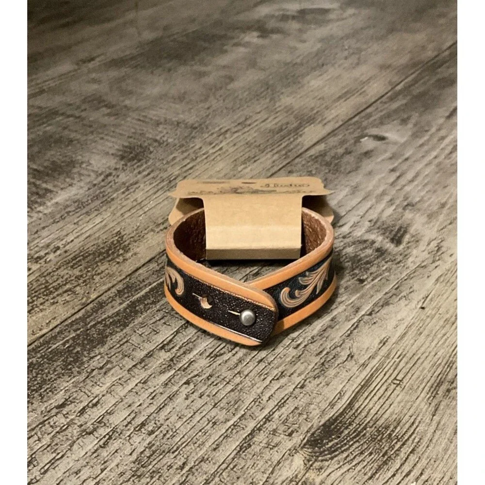 Justin Genuine Leather Brown Tooled Western Style Bracelet Unisex
